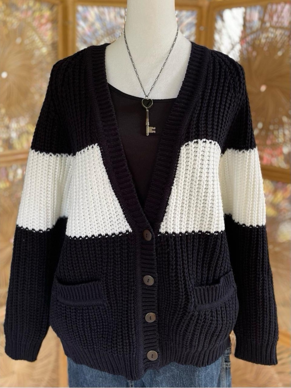 80s 90s Vintage Black and White Striped Chunky Knit Cardigan Sweater One Step Up